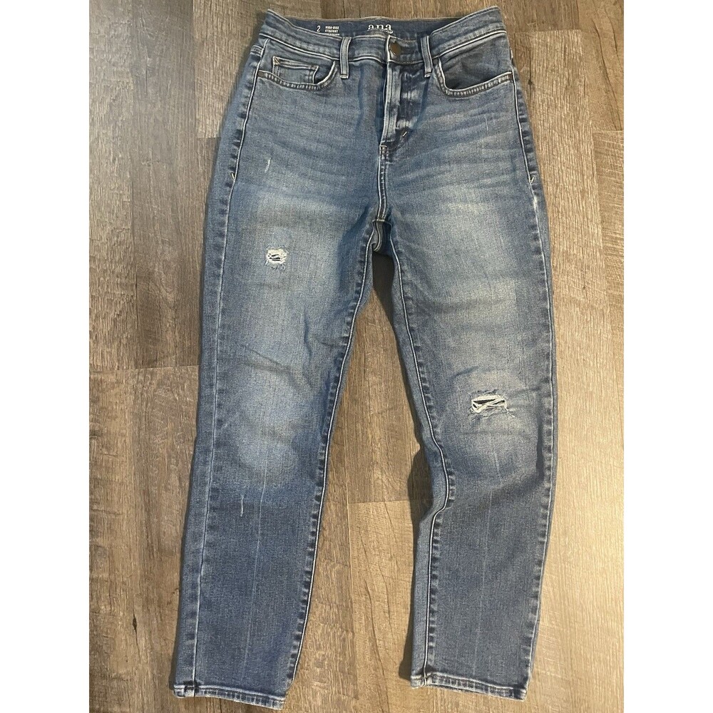 Ana High Rise Straight Women's size 2 Dark Wash Distressed Blue Denim Jeans